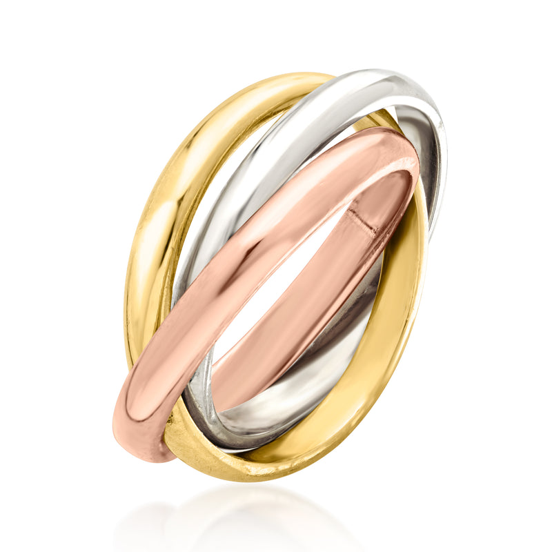 Tricolor rolling ring with rose-toned inner oval and yellow/silver outer frames