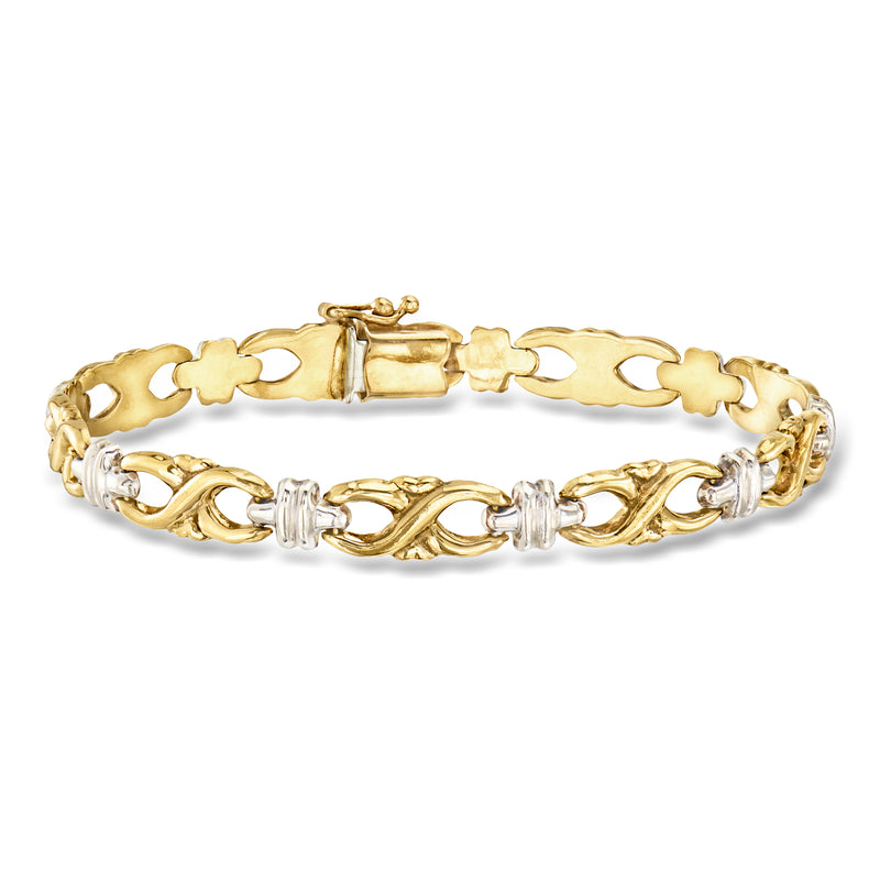 Two-tone 14kt gold link bracelet with engraved leaf and bar clasp