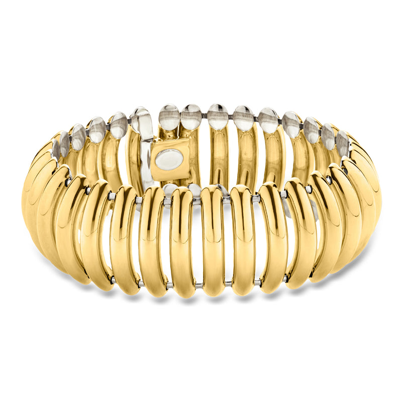 Two-tone gold ridged bracelet with alternating gold and silvertone oval links