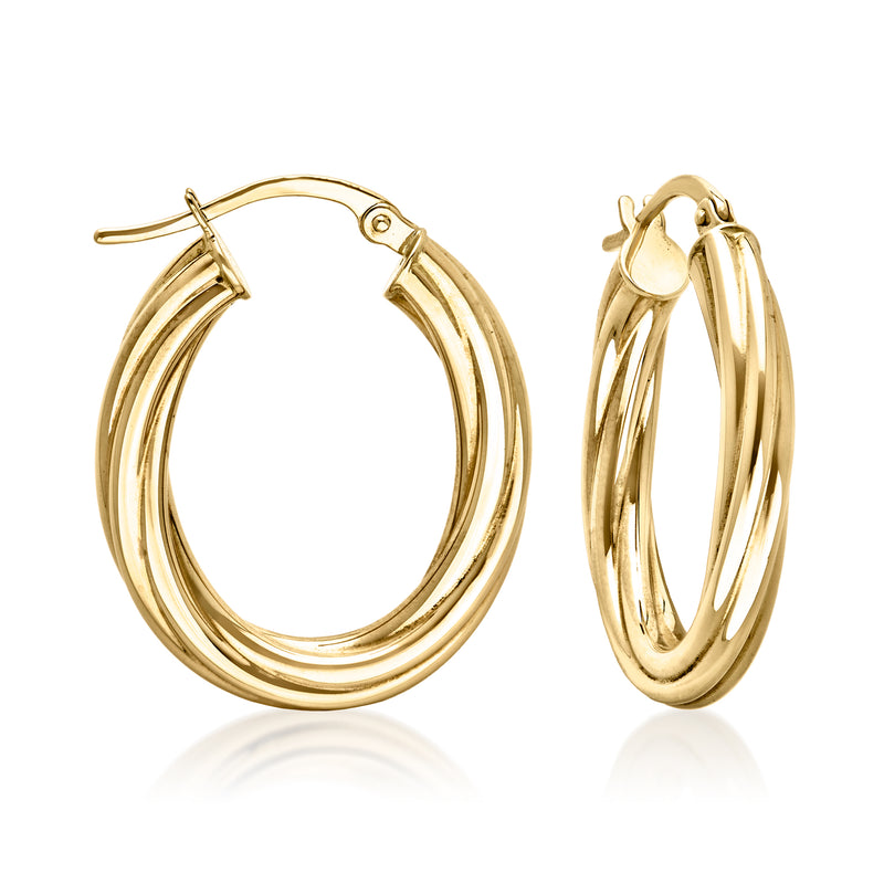18kt yellow gold ridged hoop earrings, double-ring profile