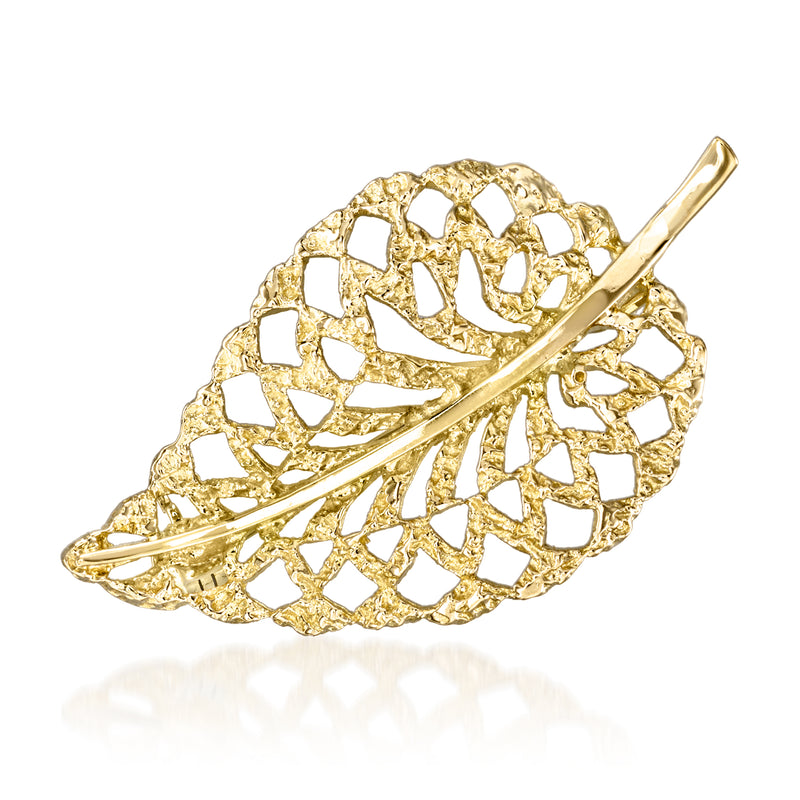 18kt yellow gold openwork leaf pin with long bar clasp, textured lattice design