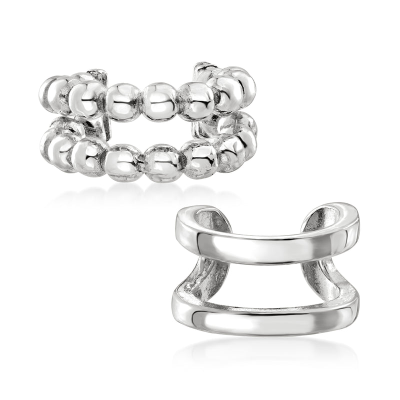 Two sterling silver ear cuffs with linked bead design, open hoop style