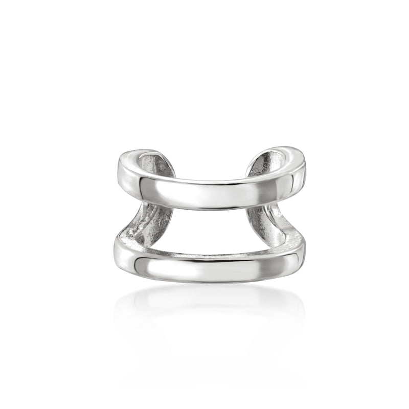 Sterling silver ear cuff with smooth curved band and textured inner ends