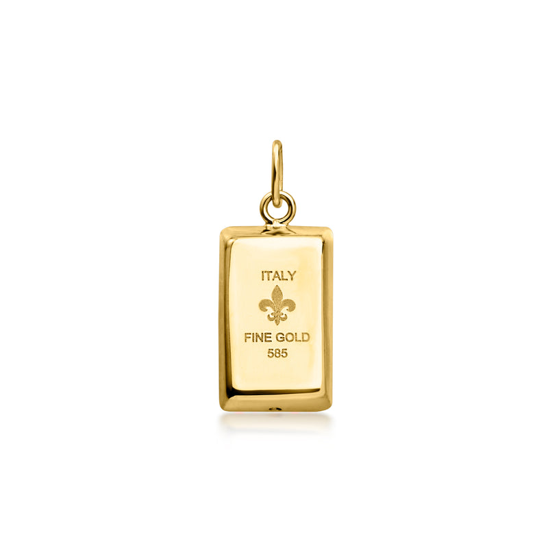 Gold bar pendant with loop bail, engraved “ITALY” and “FINE GOLD 585”.
