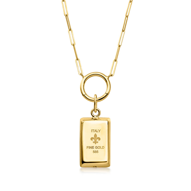 Gold chain necklace with ring bail and engraved gold bar pendant: “ITALY”, “FINE GOLD 585”.