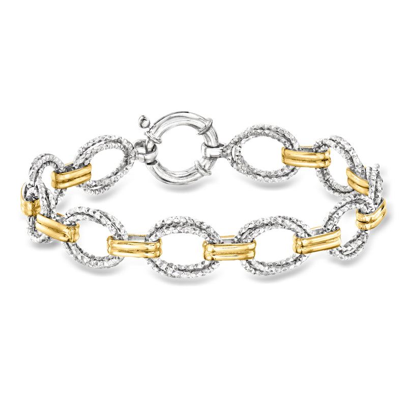Silver oval-link bracelet with 14kt gold-plated bar accents and textured links