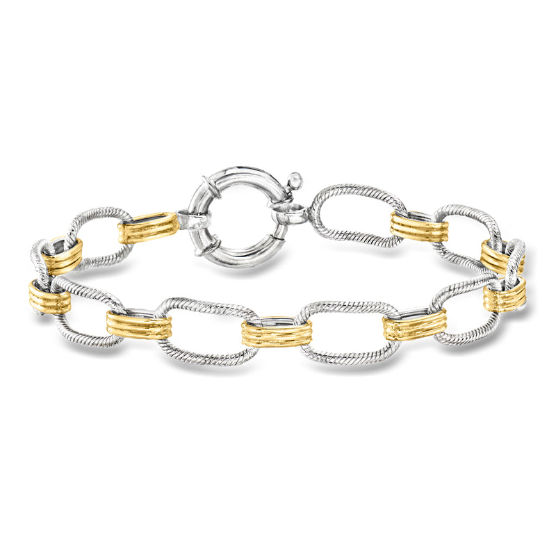 Silver oval-link bracelet with gold-plated accents and round clasp ring