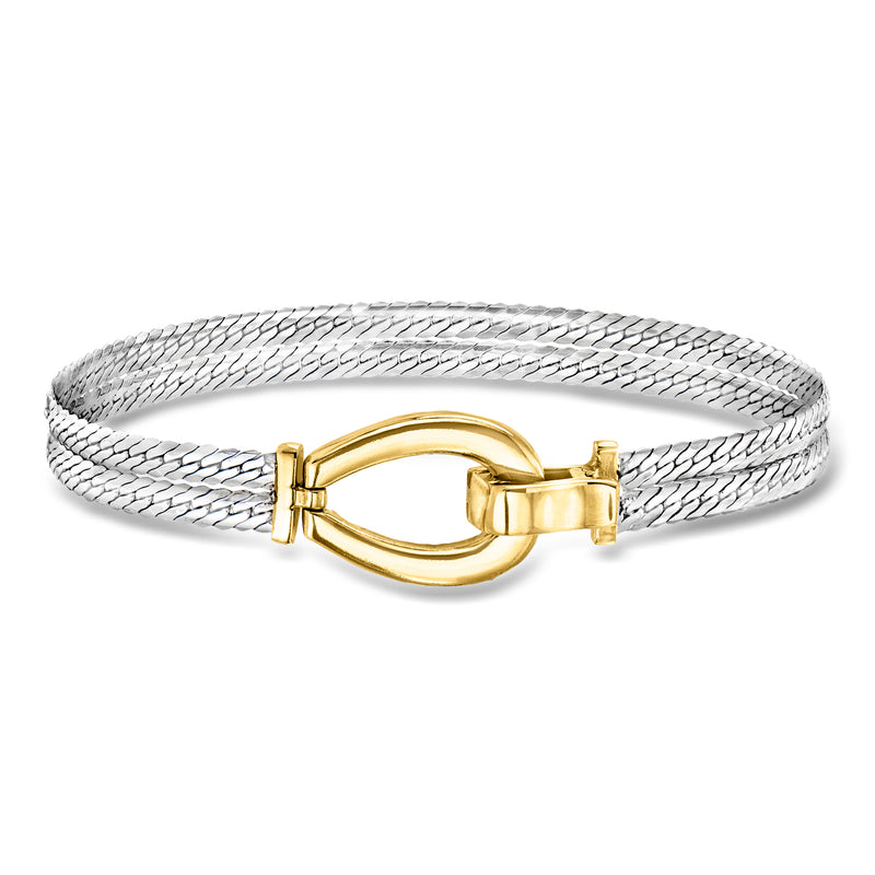 Two-strand Cuban-link bracelet with rhodium-silver mesh and gold clasp accent