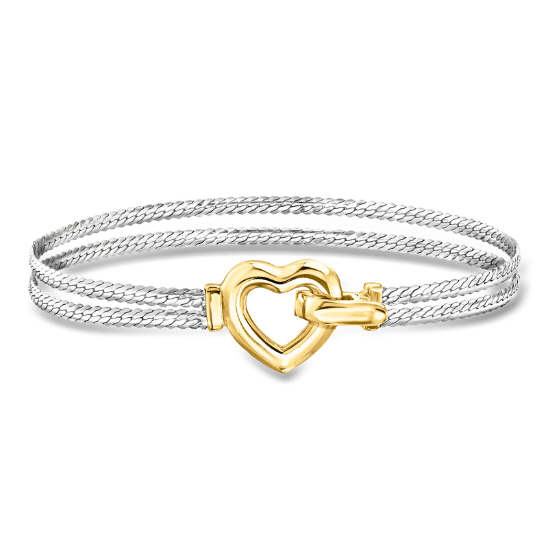 Two-strand silver tone bracelet with gold heart clasp and hinged link ends