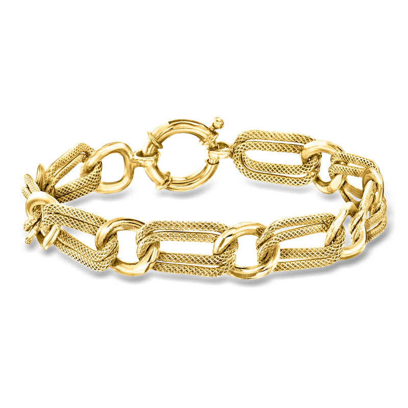 Yellow gold-plated link bracelet with alternating oval and round links, secure clasp