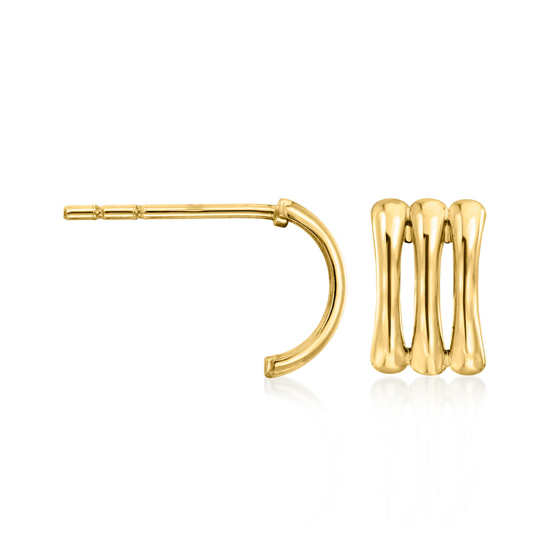 Petite three-row curved hoop stud earrings, side view in yellow gold