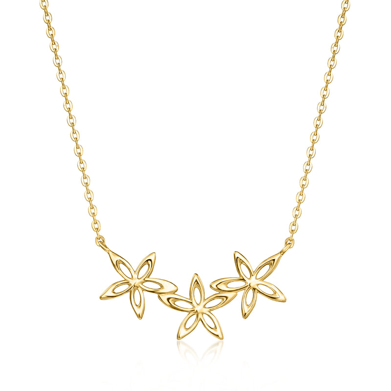 10kt yellow gold flower trio necklace with three dangling star-shaped blossoms