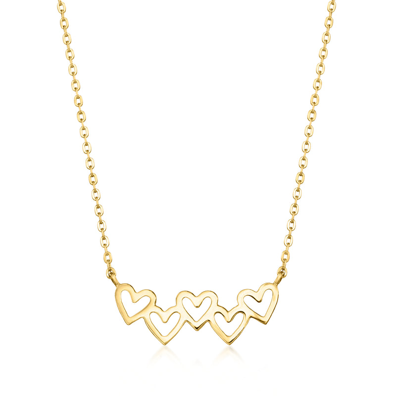 Yellow gold hearts necklace with linked heart charms on a short pendant
