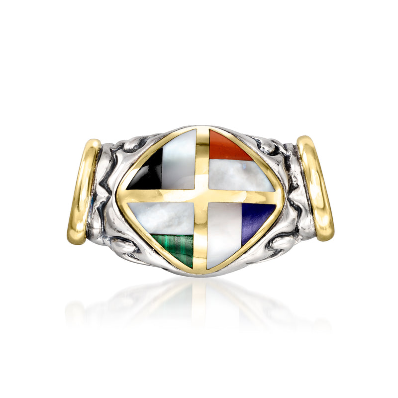 Sterling silver slide pendant with multicolor gemstone inlay and gold end caps