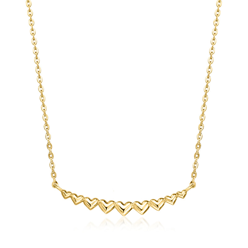 Yellow gold necklace with curved bar hearts and fine link chain, 10kt style