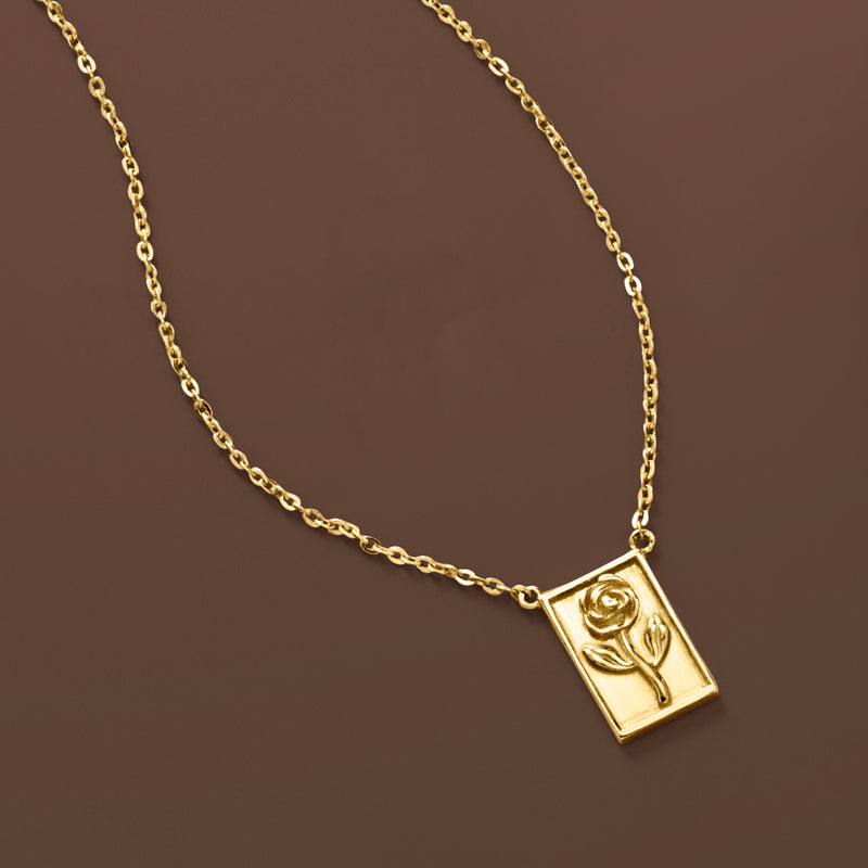 Yellow gold square framed rose pendant necklace with chain