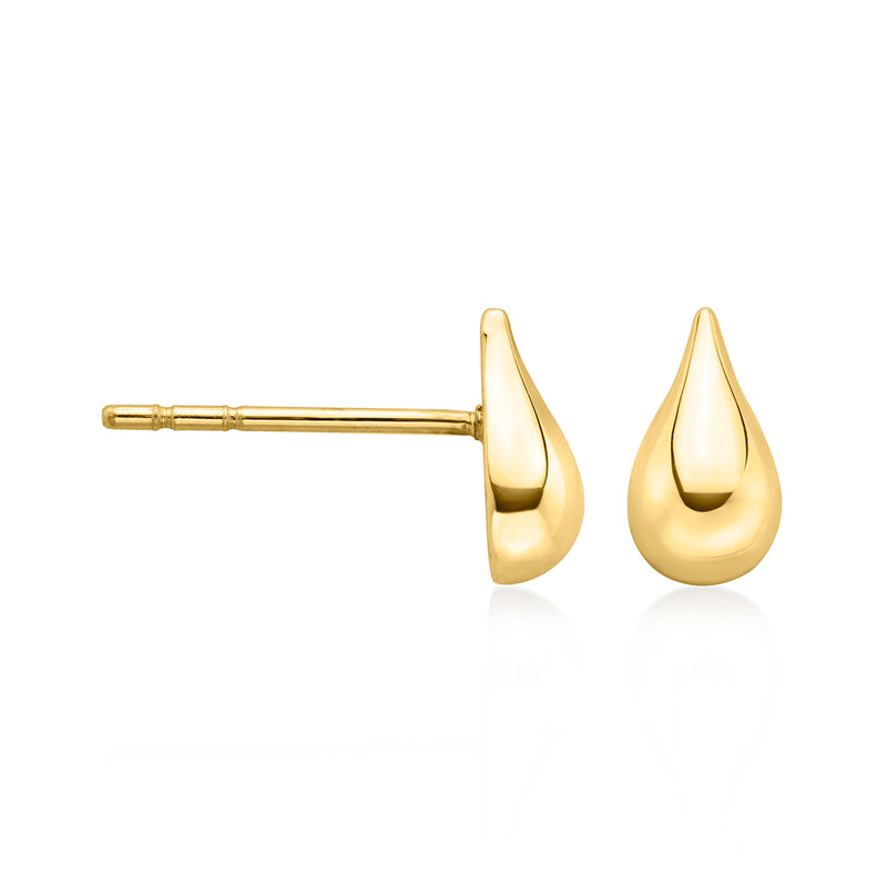 Petite yellow gold teardrop stud earrings, polished drop shape