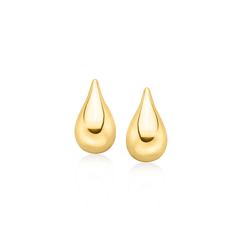Petite yellow gold teardrop stud earrings, glossy teardrop drop design