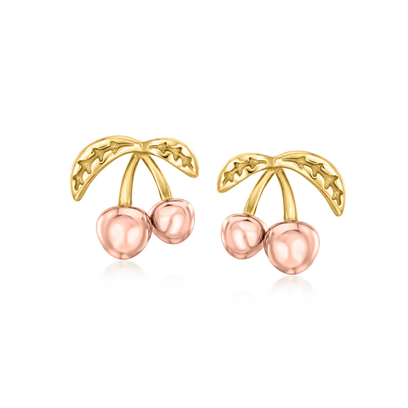 Two-tone gold cherry stud earrings with pink round drops, post style
