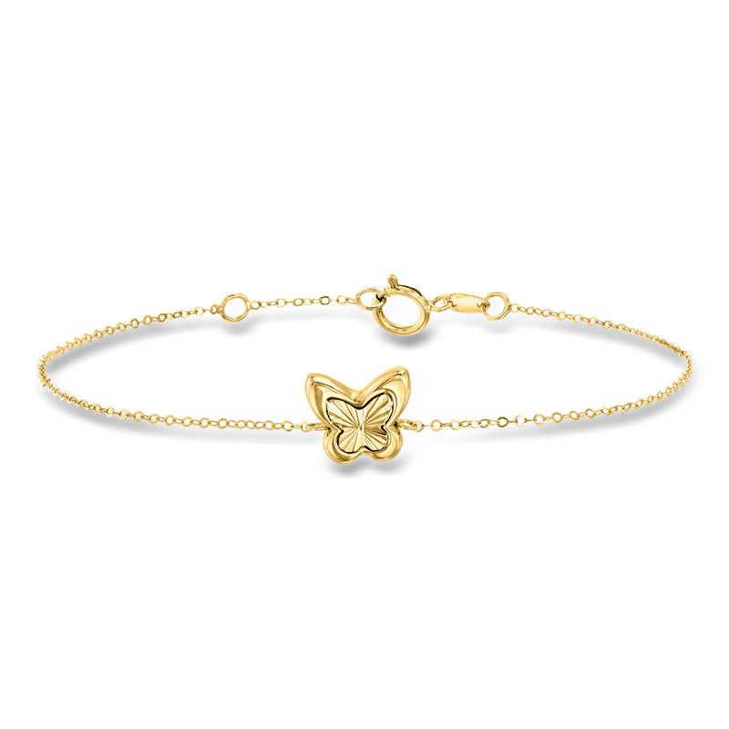 10kt yellow gold puffed butterfly bracelet with chain and small lobster clasp