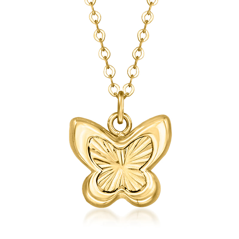10kt yellow gold puffed butterfly pendant on chain necklace