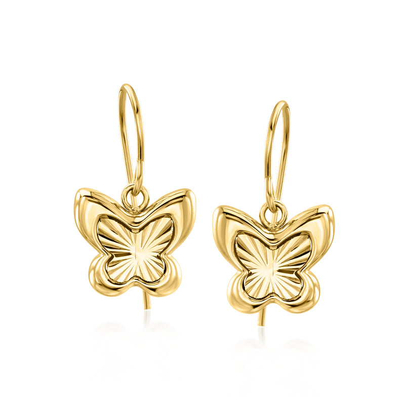 10kt yellow gold puffed butterfly drop earrings with hoop earwire