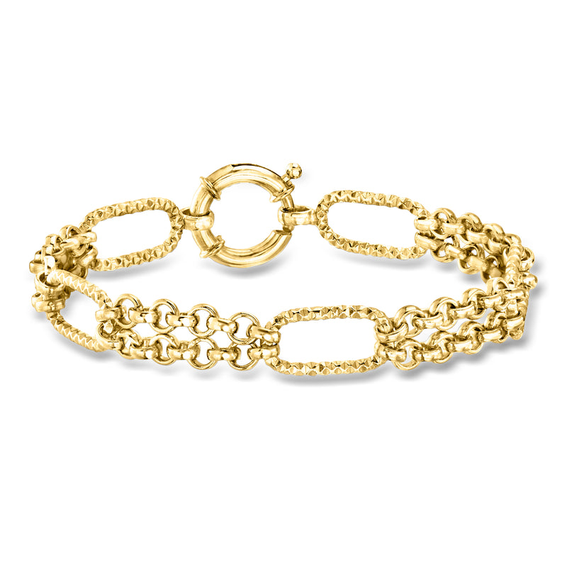 Yellow gold-plated multi-link bracelet with oval and chain segments, hinged clasp