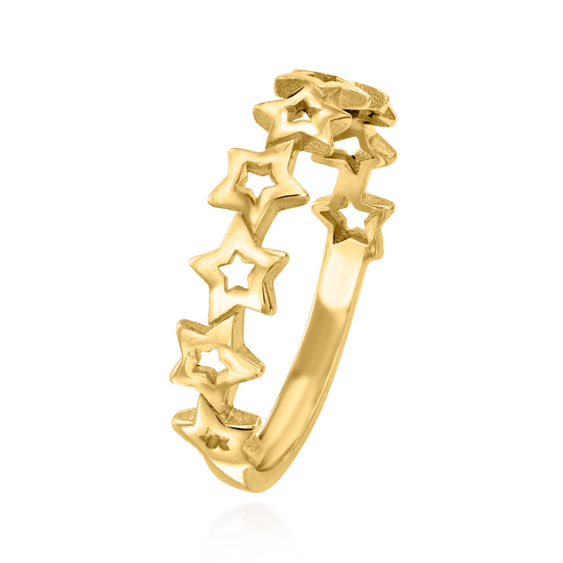 10kt yellow gold star detail ring, angled view of raised star links