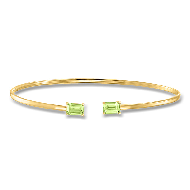 14kt yellow gold peridot cuff bracelet with two square green gemstones
