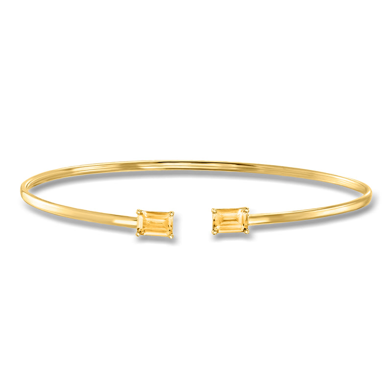 14kt yellow gold cuff bracelet with two square citrine gemstones, hinged style