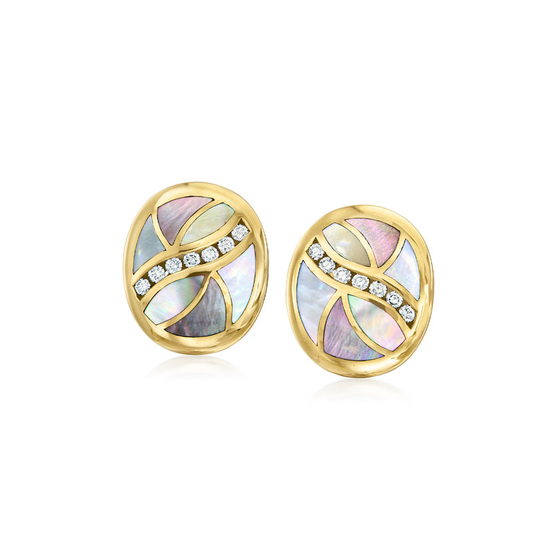 Pair of round 14kt yellow gold mother-of-pearl inlay earrings with diamond bands