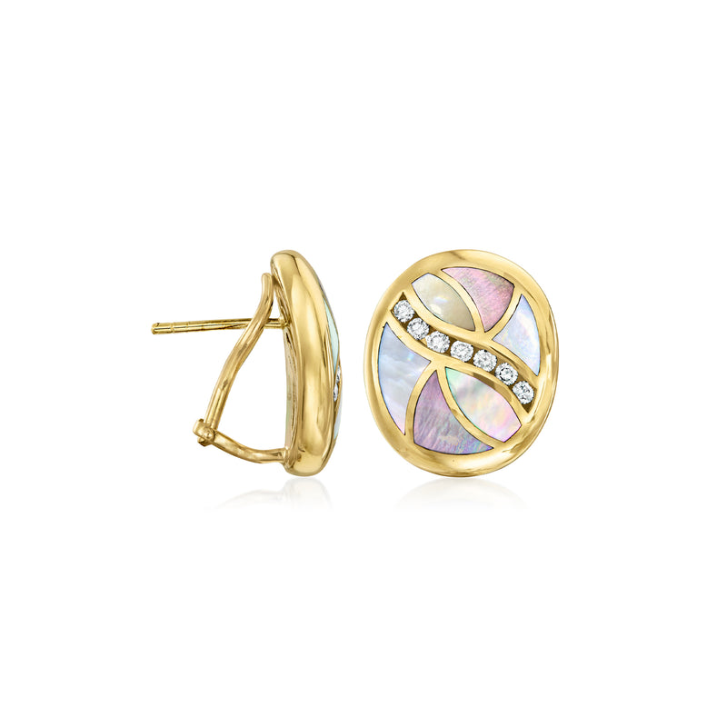 14kt yellow gold mother-of-pearl inlay clip/post earrings with diamond accents, round