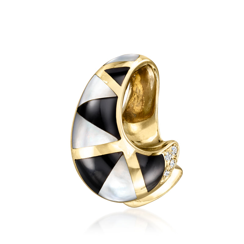 14kt yellow gold slide pendant with onyx and mother-of-pearl inlay, diamond accent
