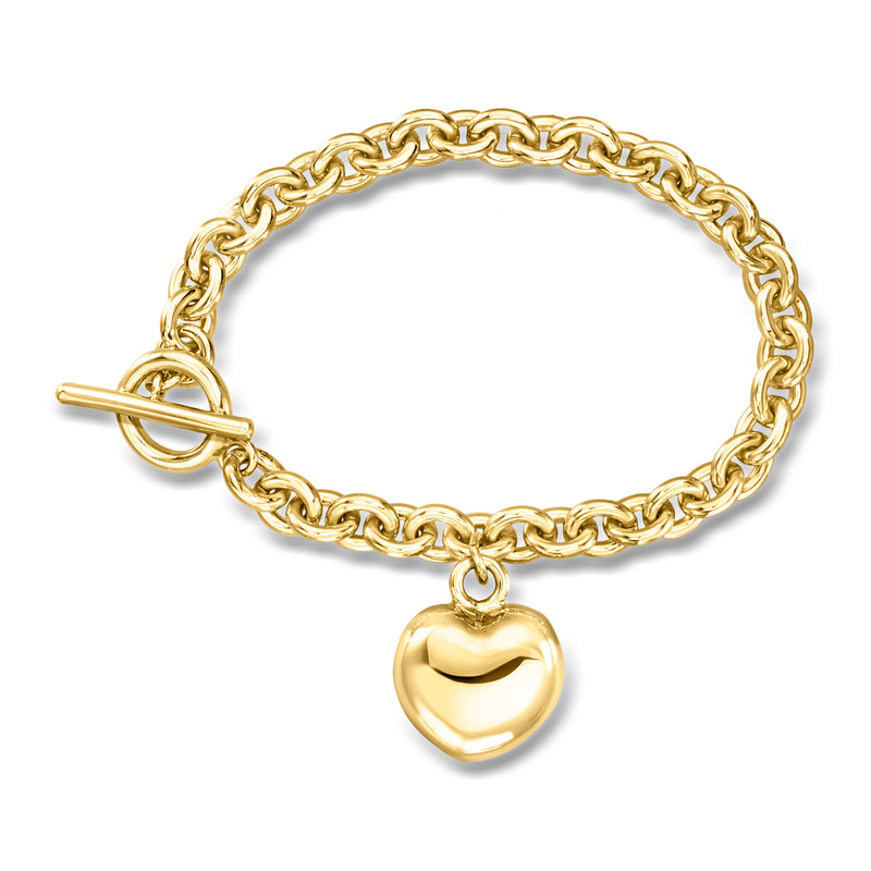 Yellow gold-plated heart toggle bracelet with puffed heart charm and chain links