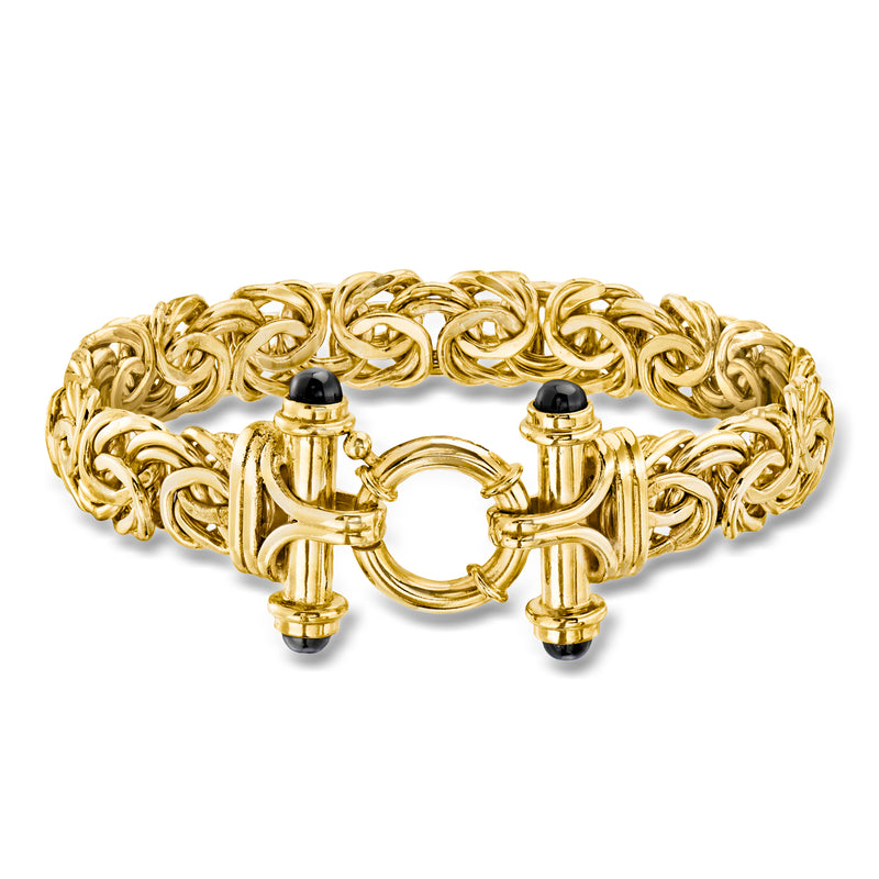 Gold-plated byzantine bracelet with black onyx accents and gold hinged clasp