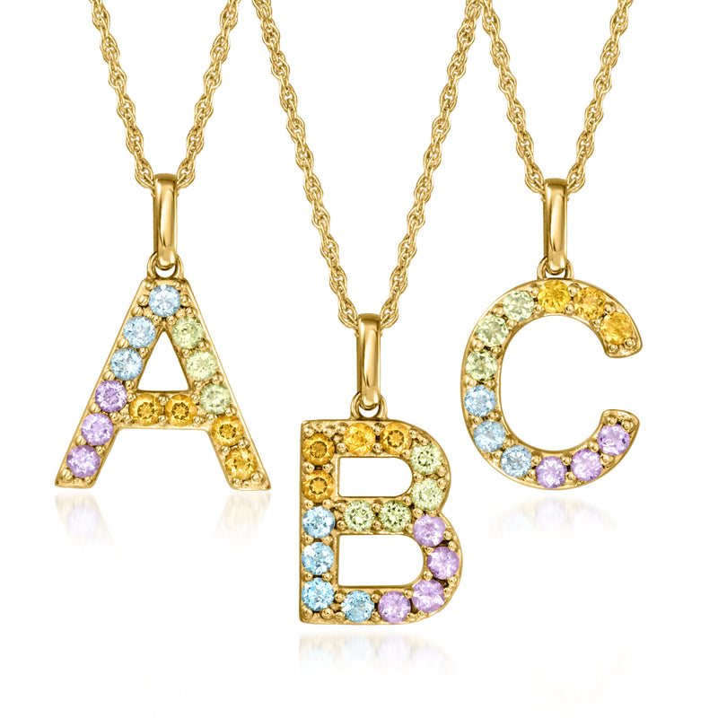 Gold initial necklace with pastel multi-gemstone pendants A, B, and C