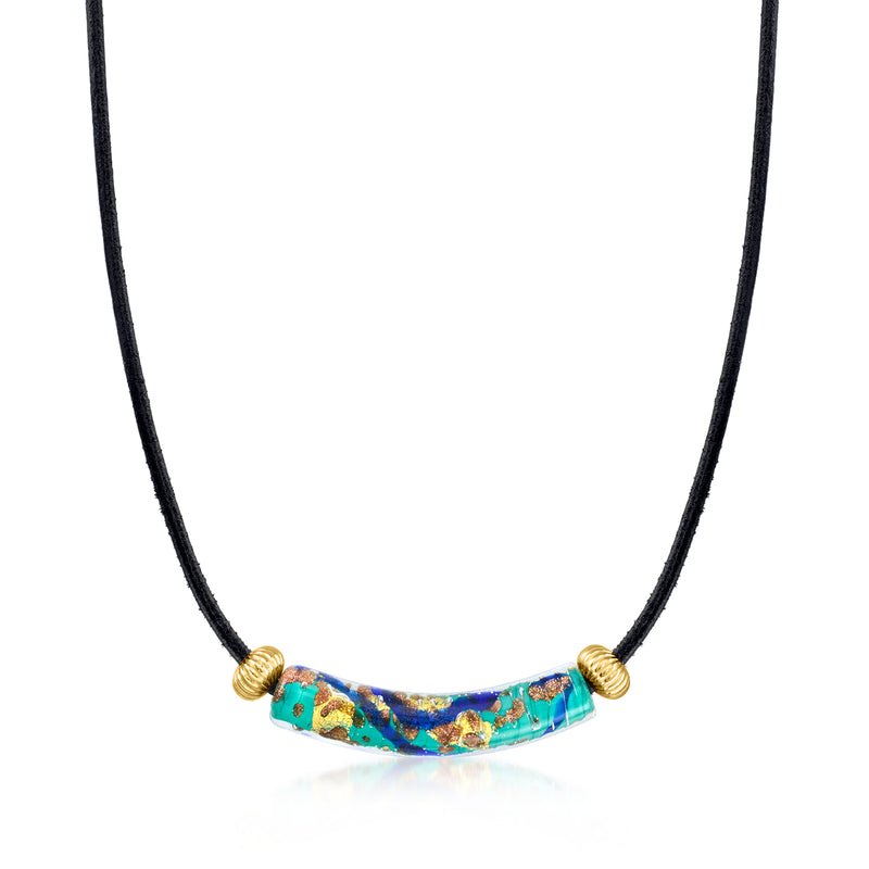 Multicolored Murano glass bead necklace on black cord with gold end caps