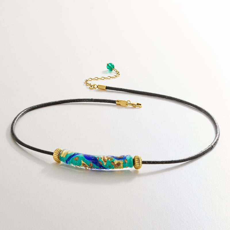 Black cord necklace with multicolored Murano bead and gold chain with green bead