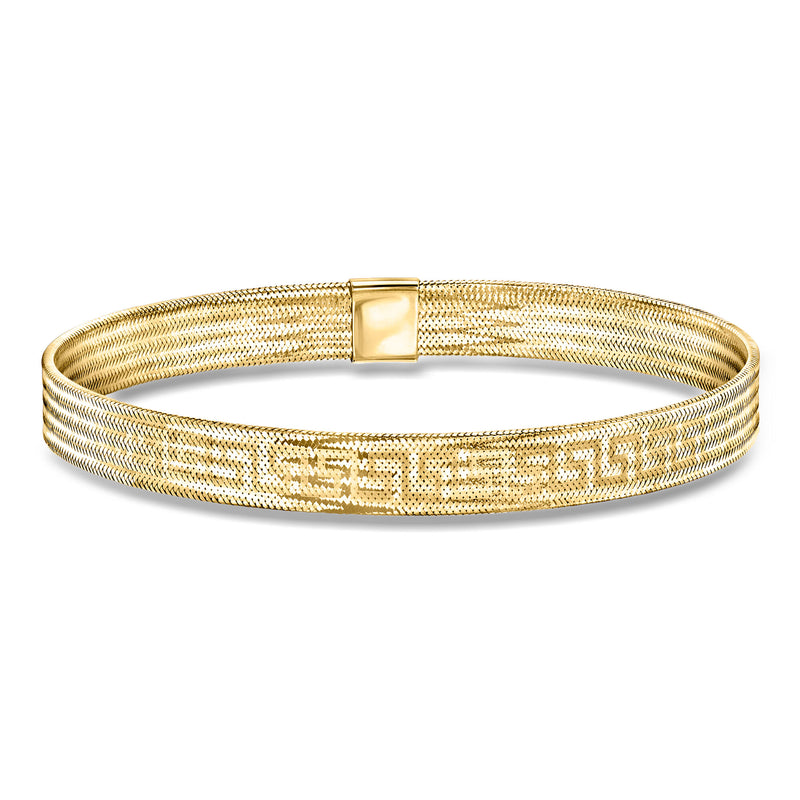10kt yellow gold Greek key mesh stretch bracelet with small hinge clasp