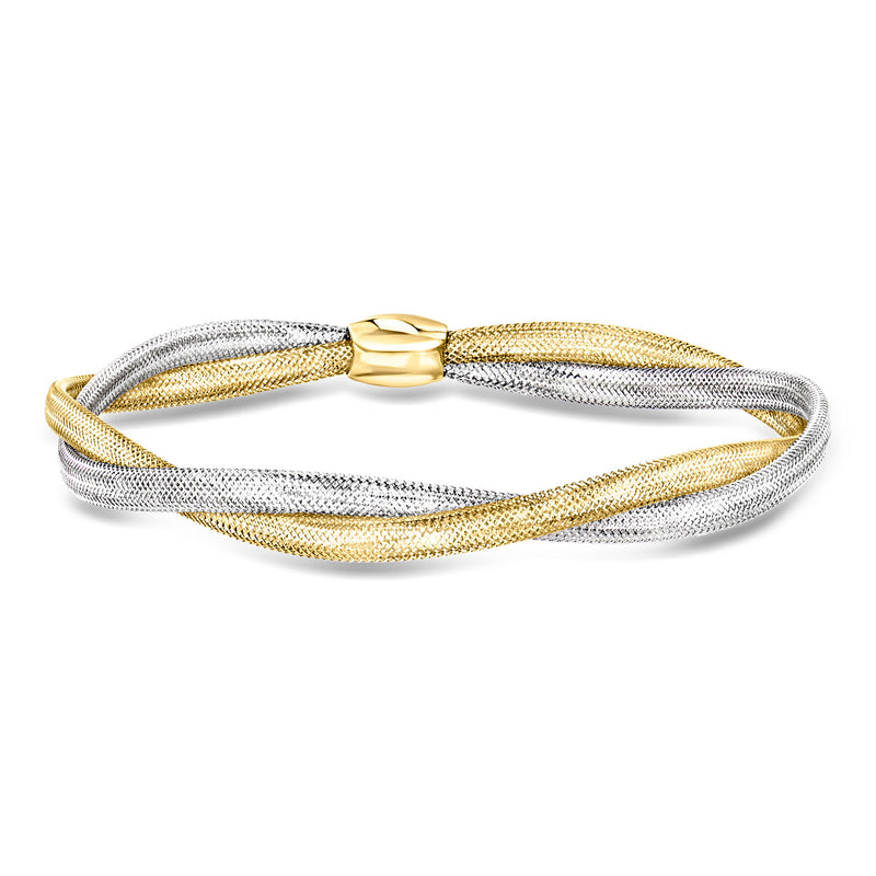 Two-tone twisted mesh stretch bracelet with gold-tone and silver-tone connector