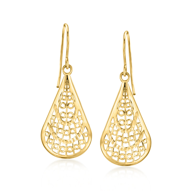 Yellow gold filigree teardrop drop earrings with circular openwork