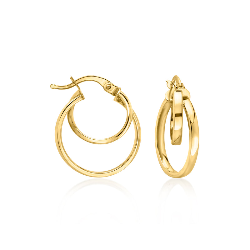 Double-hoop yellow gold hoop earrings with hinged clasp backs