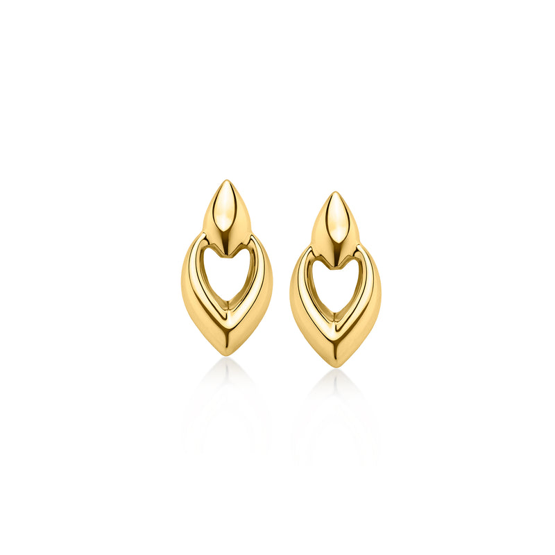 Yellow gold doorknocker drop earrings, heart-shaped front with hollow center