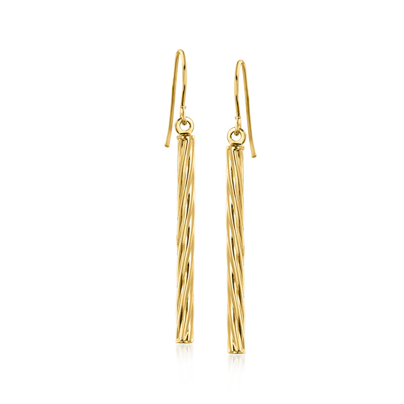Twisted linear bar drop earrings in yellow gold, hook earwires