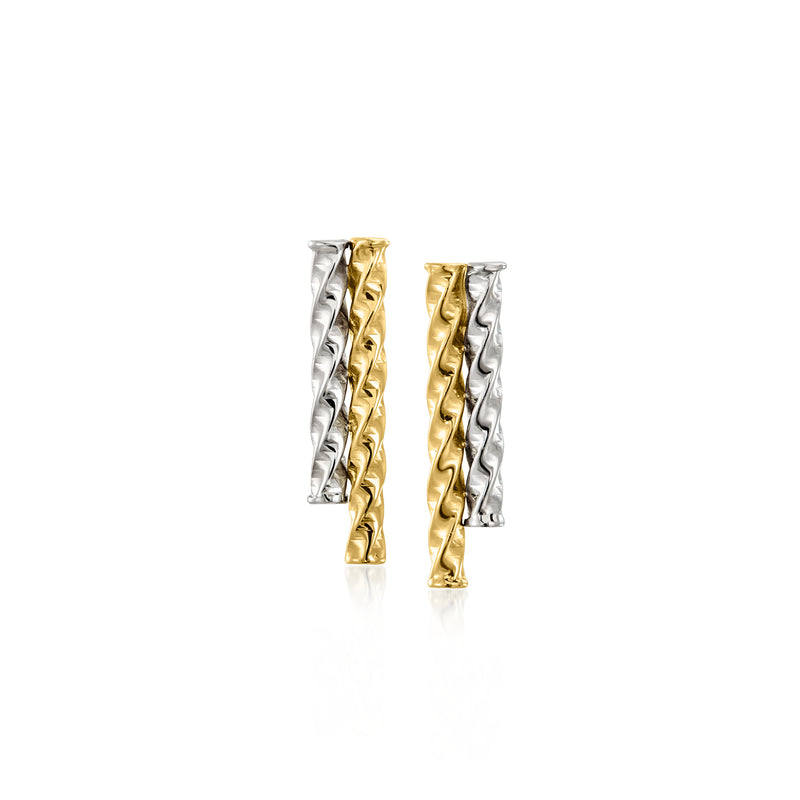 Two-tone 10kt gold twisted double-bar drop earrings, two bars in yellow and white
