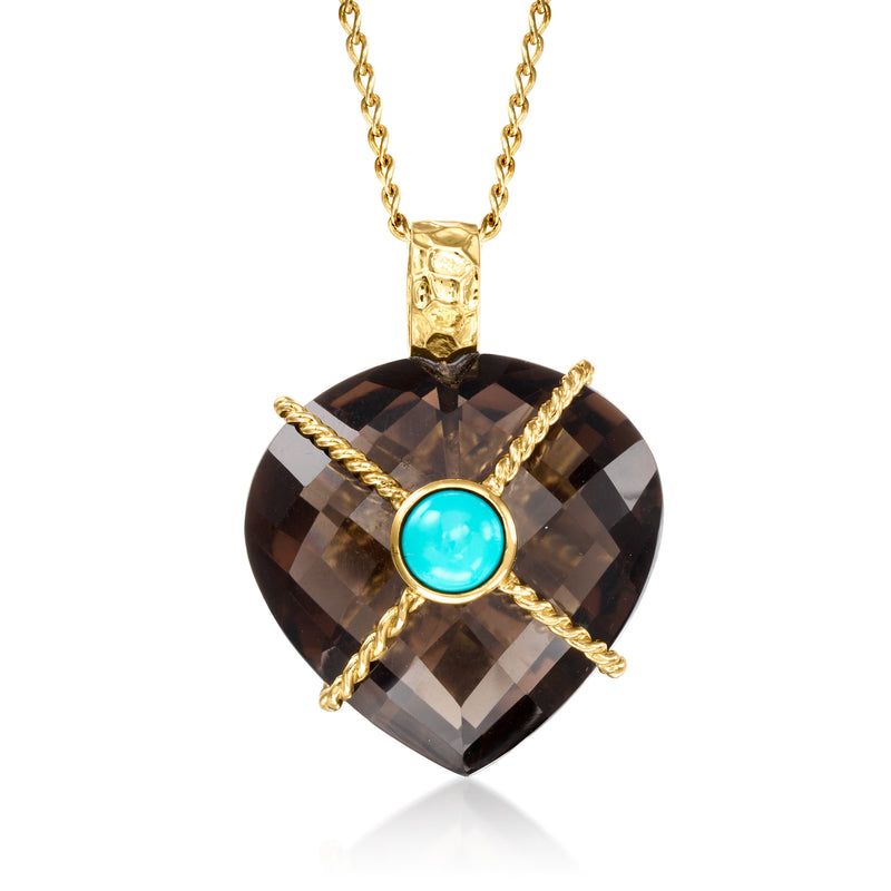 Gold heart pendant necklace with dark smoky quartz and turquoise center cabochon