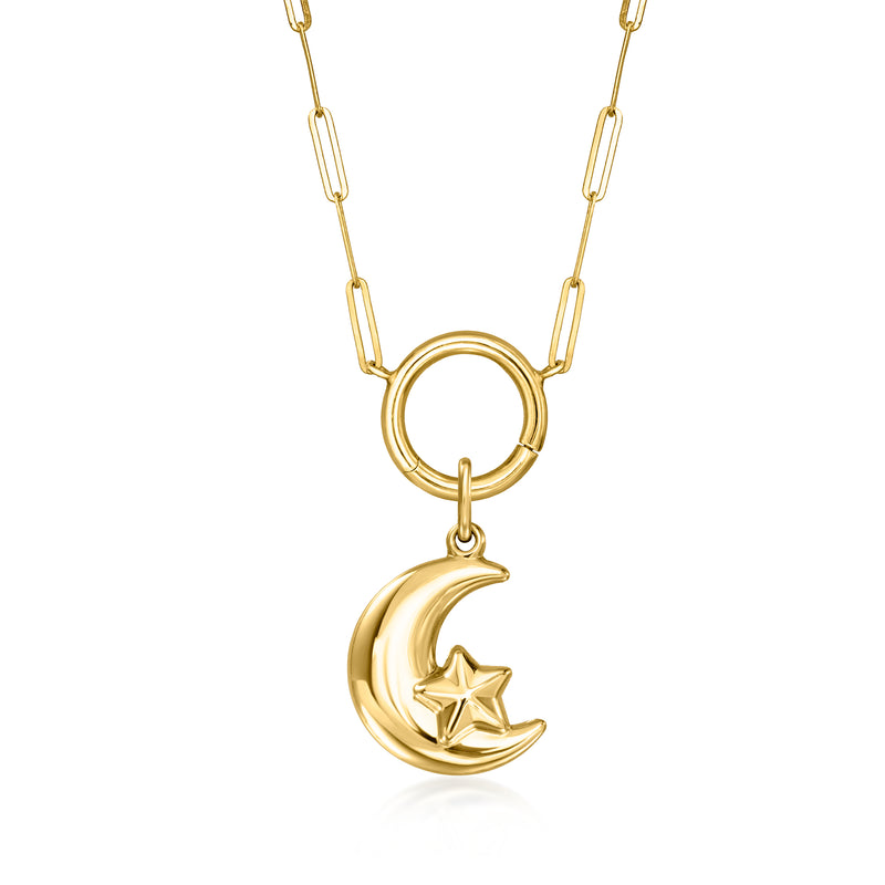 10kt yellow gold crescent moon and star charm pendant on link chain