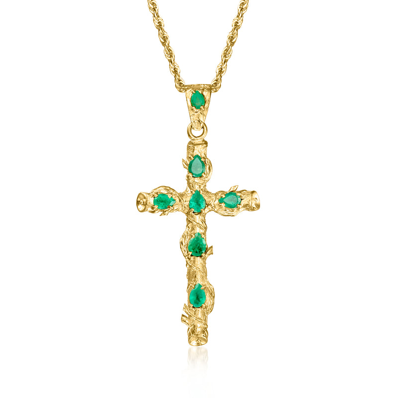Yellow gold cross pendant necklace with stacked green gemstone cross