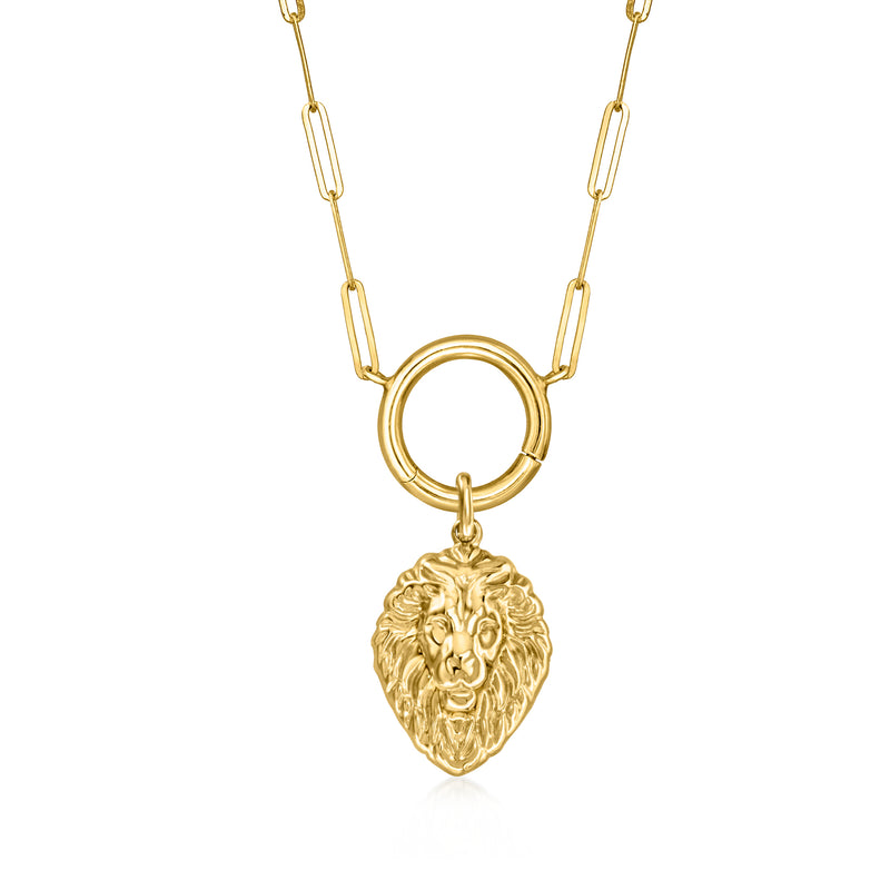 Lion head pendant hanging from oval-link chain in 10k yellow gold