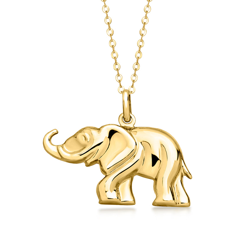 Yellow gold elephant charm pendant with bail and chain links, polished